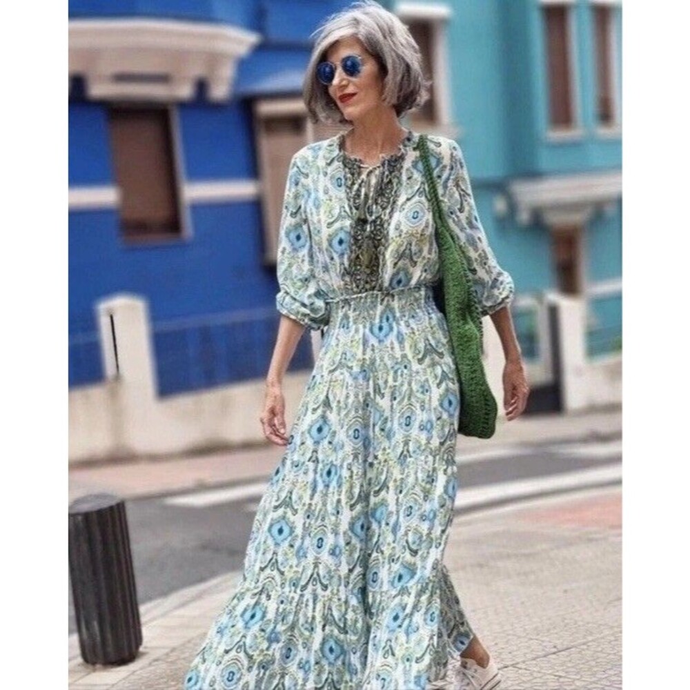 Zara M Ikat Maxi Dress Embroidered Tassel Peasant Boho Long Sleeve